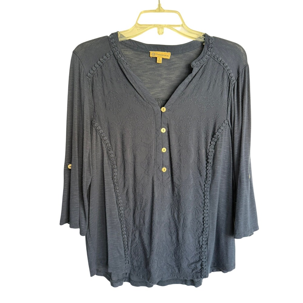 Democracy Navy Blue Embroidered Henley Top 3/4 Roll Tab Sleeve B7297MATX Large